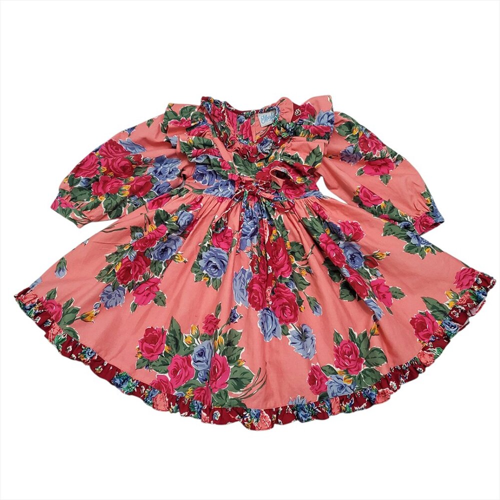 Vintage Girls Coral Floral Ruffle Dress